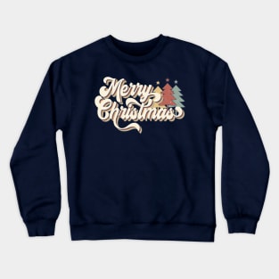 Retro Vintage 70s Merry Christmas Trees Typography Crewneck Sweatshirt